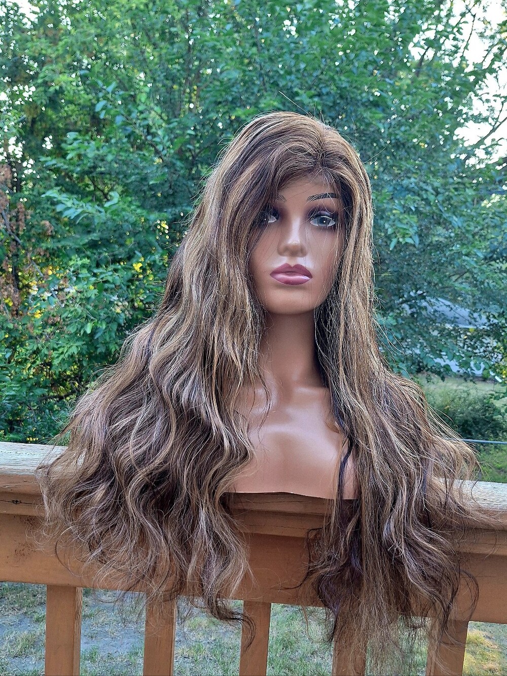 Natural Long Wavy Women's Wig in Light Brown with Highlights Human Hair Wig